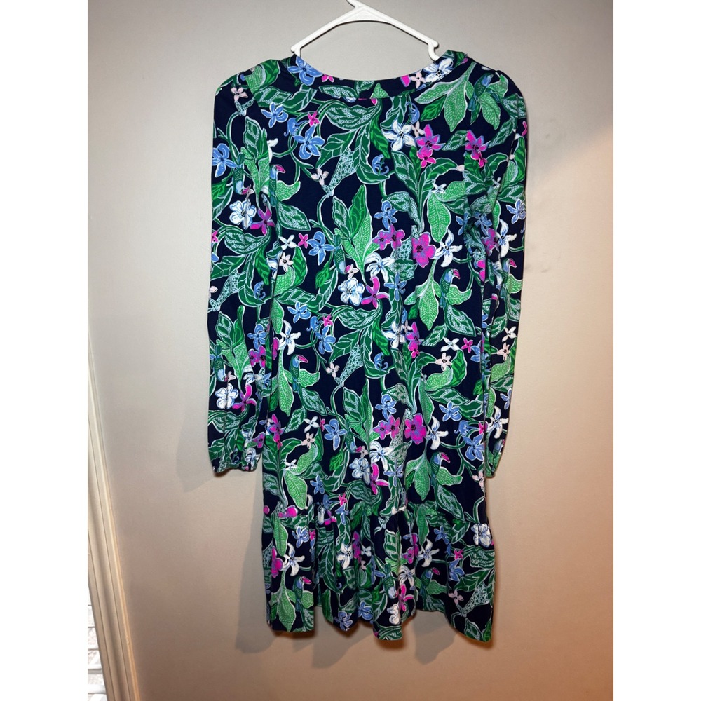 Lilly Pulitzer "Alyssa" Navy Blue Floral Toucan Cotton Knit Ruffle Hem Dress XS - Picture 5 of 7